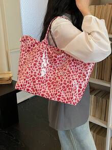 Leopard Print Tote Bag, Large Capacity, Smooth Zipper Closure, Short Hand Strap With Detachable Wide Long Shoulder Strap, Hand-Carry, Shoulder, Crossbody, Multiple Carrying Styles, Suitable For Short Trips, Shopping, Daily Commute - Pink - View 6