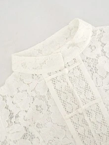 Women's Hollow Floral Lace Stand Collar Blouse, Decorative Knot Front Placket Long Sleeve Sheer Cropped Fitted Layering Top - White - View 7