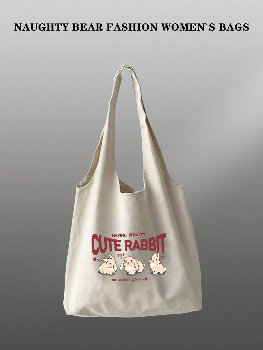 1pc Beige Canvas Tote Bag For Women With Cute Rabbit & English Letter Print, Great For Shopping, Kawaii