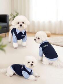 1件寵物襯衫，休閒舒適透氣，春夏風格貓狗衣服，適合泰迪貴賓犬及其他小型寵物 - 藏蓝色 - 查看 2