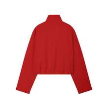 Women Stand Collar Zip Up Long Sleeve Solid Cropped Jacket, Casual Loose Outerwear - Red - View 10