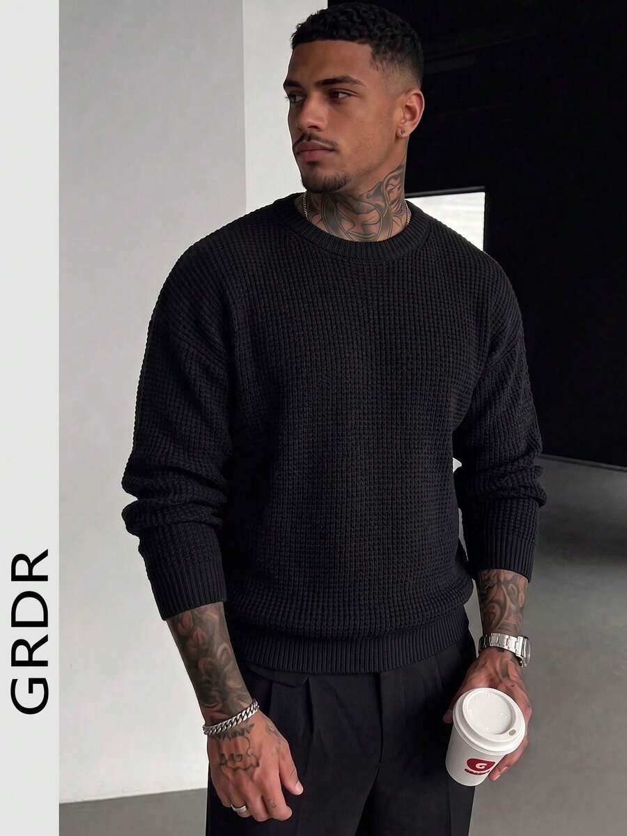 GRDR Men's Casual Jacquard Knit Crew Neck Long Sleeve Sweater - Black - View 1