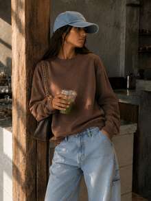 sweat-shirt col rond oversize marron pour femmes, pull ample et confortable à manches longues, vêtements d'automne pour femmes, vêtements d'hiver pour femmes - Tabac - Voir 2