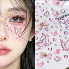 2pcs Pink Colorful Heart & Butterfly Face Rhinestone Stickers With Tweezers, Christmas Makeup, Holiday Party, Y2K Style Music Festival DIY Eye Makeup, Suitable For Dance Performance, Party, Stage Cosplay, Wedding, Concert Look - Multicolor - View 4