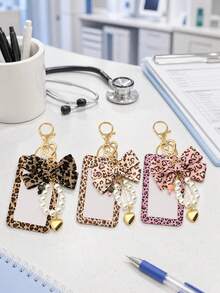 Leopard Print Bow Badge Lanyard, Pearl Heart Keychain Card Holder, Suitable For Women's Office And School Use, Ideal Gift For Back To School Or Back To Work - Multicolor - View 8