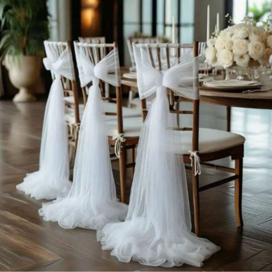 10pcs Elegant White Chiffon Chair Cover Set (Without Floral Accessories), Suitable For Aisle Wedding Chair Back Decoration, Church Chiffon Banquet Ceremony Reception Chair Set, Photography Props, Birthday Party And Home Decor - White - View 1