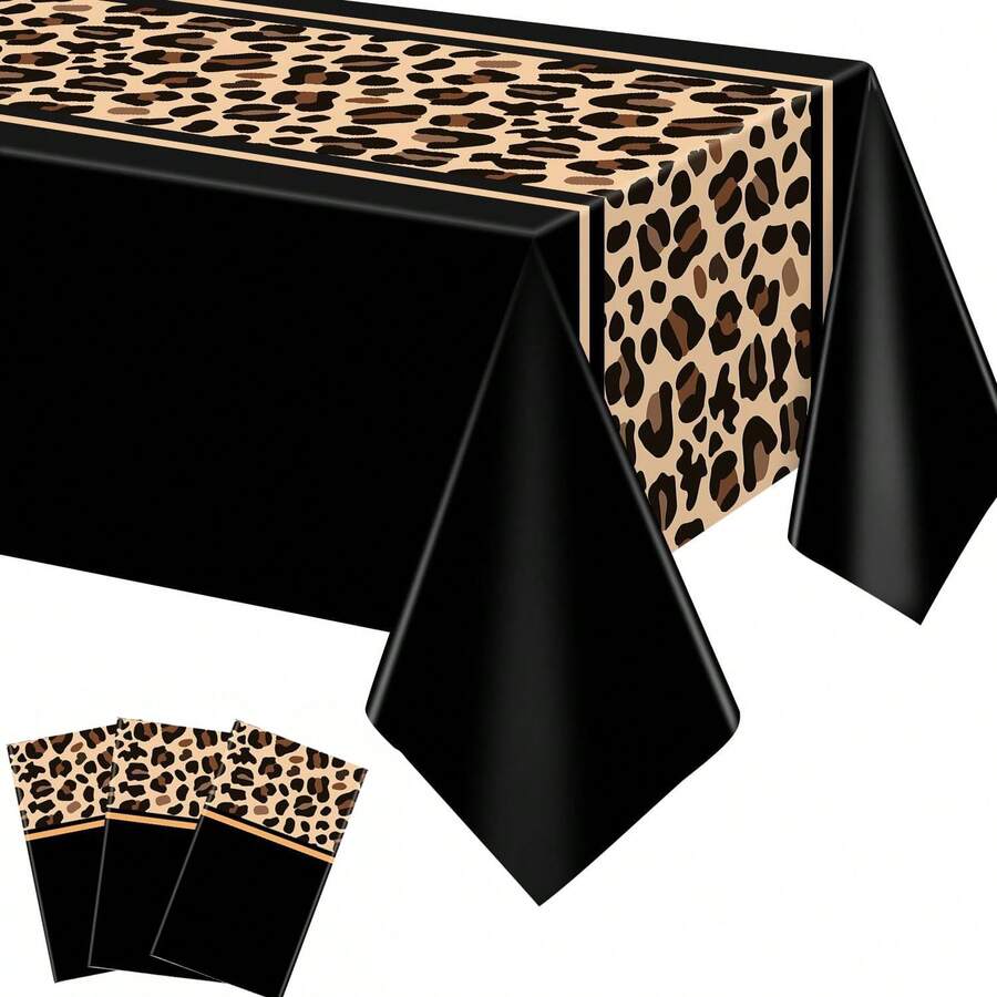 3 Pieces1-Piece Leopard Print Tablecloth 51 X 86 Inches Wildlife Tablecloth Cheetah Print Party Decoration For Safari Baby Shower Wedding Birthday Party Gift - Black - View 1