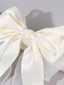 1pc Beige Grosgrain Ribbon Hair Bow For Girls Pearl Lace Trim Decor Long Streamer Alligator Clip Sweet Daily Hair Clips Kids Hair Accessories - Beige - View 6