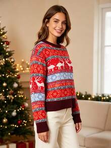 HOMEYEE Vintage Horizontal Stripe Christmas Reindeer Knit Sweater, Multicolor Snowflake Jacquard, Round Neck, Loose Fit, Slimming, Warm Pullover For Autumn/Winter Parties - Red - View 4