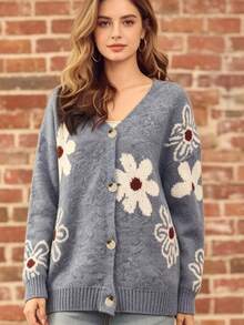 Cardigan Rajut Jacquard Bunga Berkerah V Ukuran Besar dengan Kancing Depan dan Tekstur Berbulu untuk Liburan Musim Gugur dan Musim Dingin - Baja Biru Cerah - View 2