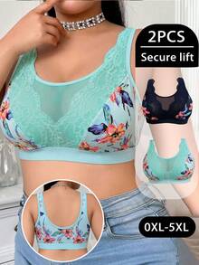 2pcs/Set Casual Comfortable Minimalist Plus Size Women's Bra, Printed Design With Lace Patchwork, Wireless Lift-Up Soft Comfortable Lingerie - Multicolor - View 6