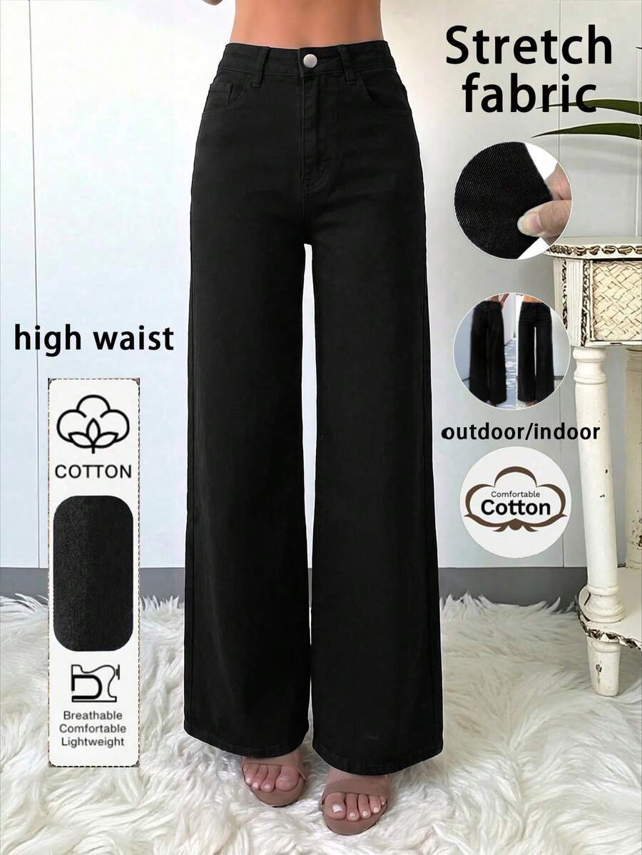 Elegant & Casual Women's Wide Leg Jeans, Denim Fabric, Solid Color Washed, Full Length, Medium Stretch Black Fall - Black - View 1