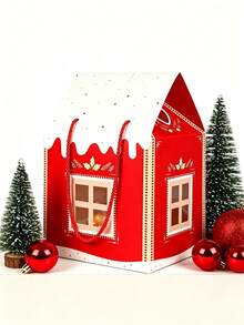 1pc Christmas House Shaped Gift Box With Handle, Cartoon Christmas Tree & Snowman Pattern Gift Packaging Box, Includes Gift Tag, Christmas Window Display Design Paper Dessert Box, Suitable For Winter Holiday Christmas Party Favors - Multicolor - View 9