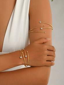 1 Set 2pcs Minimalist Versatile Creative Line Micro-Inlaid Rhinestone V-Shaped Open Adjustable Bangle Bracelet Jewelry Set Suitable For Women's Daily, Vacation And Party Wear - Gold - View 3