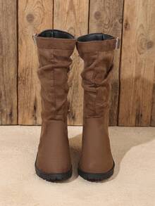 Girls' Brown Slouch Mid-Calf Boots With Metal Buckle Round Toe, Suitable For Autumn Daily Outings And Outfit Matching - Brown - View 3