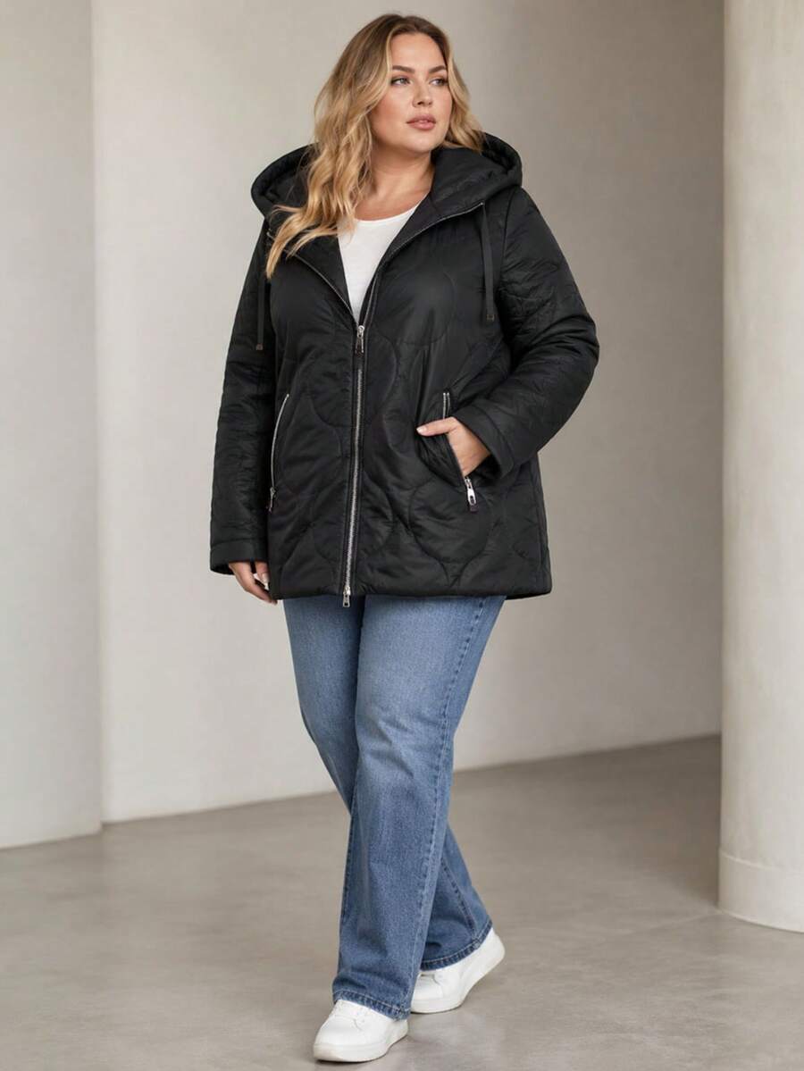 Autumn Jacket With A Detachable Hood, Straight Cut, Length Below The Hips. - Black - View 1