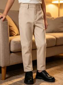 Tween Boy Formal Dress Pants Flat Front Children School Uniform Pants Light Champagne - Champagne - View 4