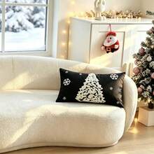 LCUHPCL 1pc Winter Atmosphere Christmas Tree Snowflake 3D Embroidered Pillow Case, Suitable For Bedroom, Living Room, Sofa, Daily Use, Party And Various Environments - Black - View 5
