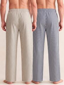 Men's Summer Casual Striped Drawstring Waist Long Pants Loungewear 2 Pieces Set - Multicolor - View 2