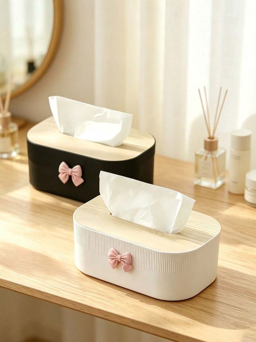 Adorable Bow-Decorated Tissue Box, Minimalist Wood Grain Napkin Dispenser, Bedroom/Living Room/Office Desktop Tissue Holder,Rectangular Vertical Striped Tissue Storage Rack, Desktop Napkin Container For Bedrooms,Offices, And Cars, Gift Selection - Multicolor - View 1