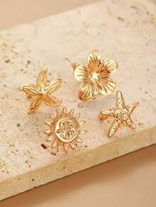NAIZHU 4pcs European & American Minimalist Metal Sun Star Flower Mini Ear Clips Earrings For Women Daily Dating Party Accessories - Gold - View 5