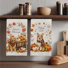 MEMNUN 2 Pcs Autumn Dog Golden Retriever Corgi Pumpkin Maple Leaf Printed Kitchen Towels Dish Cloths, Ultra-Fine Microfiber Polyester Material, Happy Fall Autumn Pet Theme Autumn Harvest Decoration Hand Towels Thanksgiving Home Decor, Kitchen Decor, Fall Decor, Suitable For Restaurant Kitchen Home Decoration And Gift Giving, 40*60cm/45*70cm - Multicolor - View 1