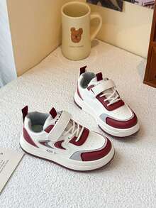 Children's Beige, Burgundy, Grey Colorblock PU Leather Breathable Non-Slip Shock-Absorbing Wide Round Toe Hook And Loop Thick Sole Retro Sneakers, Versatile For Kindergarten And Primary School, Spring And Autumn, Dirt-Resistant And Breathable - Red - View 2