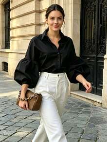 女款熱銷新款：棕色泡泡袖鈕扣襯衫 | 優雅春夏上衣，休閒、辦公與日常穿搭必備，黑色 - 黑色 - 查看 4