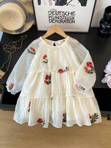 Girls' French Country Style Floral Embroidered Sweet Petal Sleeve Princess Dress, Random Embroidery, Autumn - Apricot - View 11