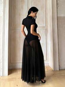 1pc Solid Color Elegant Knit Fabric Sleeveless Dress Beach Summer - Black - View 4
