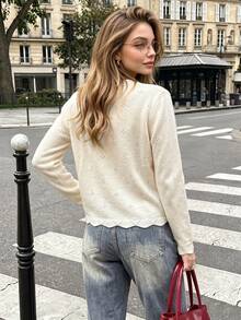 Women Hollow‑Out Cropped Knit Cardigan, Long‑Sleeve Warm Button Sweater, Casual Layering Outerwear For Autumn Winter Daily Commute Street Wear Fall - White Apricot - View 4
