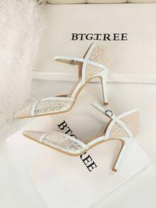European And American Style Sexy Party High Heel Women's Shoes With Single Strap Pointed Toe Stiletto Heel Premium Lace Mesh Pumps - White - View 5