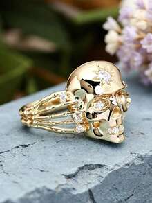 1Pc Halloween Men's Skull‑Shaped Cubic Zirconia Openwork Ring, Cool Ornament For Daily Wear Holiday Party, No Box. - Gold - View 3