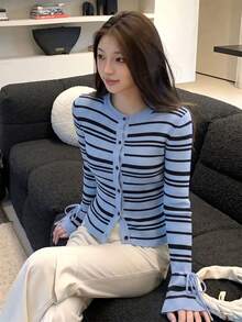 2026 New Preppy Style Blue & Black Ribbed Cardigan, Slim Fit Ribbed Knit Top With Tie Sleeve Design, Outerwear - Blue and Black Stripes - View 5