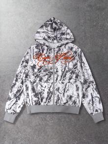 Lurzo Teen Boys Autumn/Winter Street Casual Y2K Hooded Cardigan Jacket, Ribbed Cuffs & Hem + Camouflage Jungle Branch Print Loose Zipper Jacket, Comfortable Fabric, Suitable For Daily Outdoor Wear - Grey - View 5