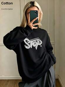 Autumn/Winter Women's Crew Neck Long Sleeve Black Sweatshirt, Layered Letter Print, Casual Daily Wear Sports Style Women's Top, Y2K Streetwear - Black - View 3