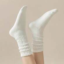 3 Pairs Women's Vintage Slouch Mid-Calf Socks, Exquisite Twisted Knit Socks, Simple Solid Black, White, Beige Three Colors, Soft Korean Style. Soft And Skin-Friendly, Breathable Casual Sports Long Socks, High Elasticity Cuff Fits Ankle, Non-Slip. Suitable For Daily Commute - Multicolor - View 5