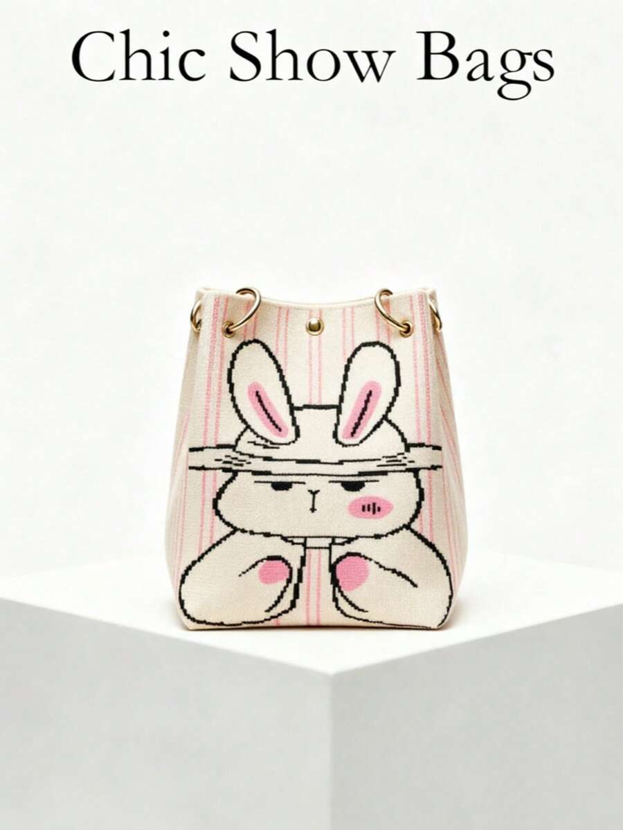 Women's Knitted Bucket Tote Bag, Cartoon Rabbit Print Stripes With Metal Ring, Snap Button Design, Portable Daily, Cute Casual, Suitable For Girls Spring/Summer Shopping Daily (Random Heart Pattern On Side) - Beige - View 1