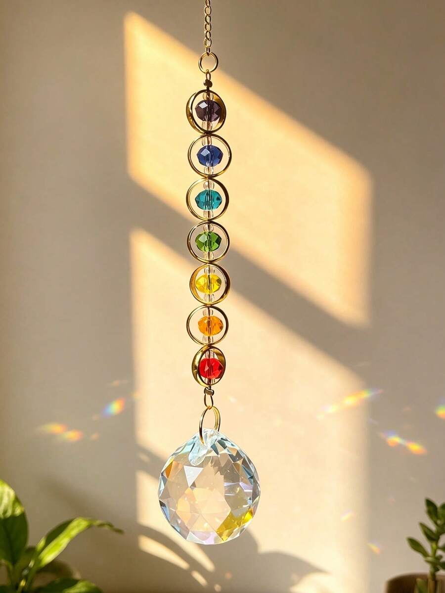 1pc,7 Chakra Rainbow Crystal Suncatcher, Colorful Round Bead Window Hanging Rainbow Prism Light Catcher, Boho Spiritual Meditation Home Wall Car Decor Ornament Gift - Multicolor - View 1