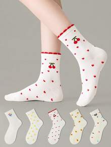 ZUJO 5 Pairs Women's Mid-Calf Socks, Floral, Star, Bear, Cherry, Heart Patterns, Suitable For Daily Wear, Suitable For All Seasons, Simple And Comfortable, Random Color Shipment - Multicolor - View 1