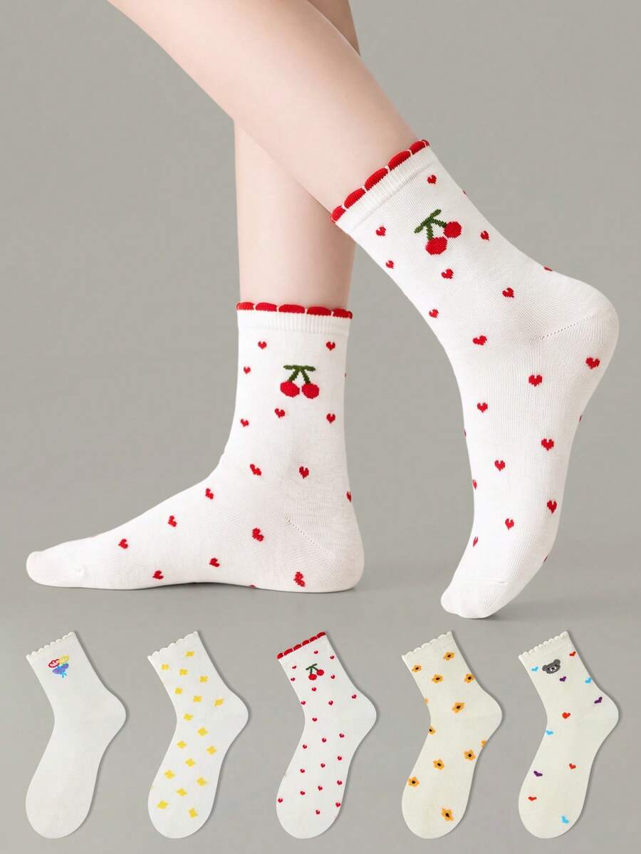 ZUJO 5 Pairs Women's Mid-Calf Socks, Floral, Star, Bear, Cherry, Heart Patterns, Suitable For Daily Wear, Suitable For All Seasons, Simple And Comfortable, Random Color Shipment - Multicolor - View 1
