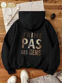 Autumn/Winter Women's Hooded Long Sleeve Black Sweatshirt, Plaid Letter Print, Casual Commuter Sporty Women's Top, Y2K Street Style Hooded Pullover - Black - View 3