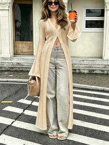 Long Autumn Knitted Cardigan With Crochet Details, Bell Sleeves And Hollow-Out Design, Suitable For Casual Beach Vacations Or Y2K Street Style Summer - Apricot - View 2