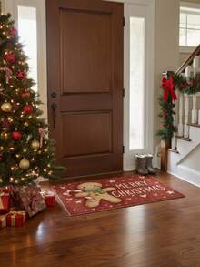 1pc Cute Gingerbread Man Rug, Holding Candy Cane, Red Background With Heart And Star Decorations, "MERRY CHRISTMAS" Text, Soft, Absorbent, Non-Slip, Washable, Suitable For Christmas And Halloween - Gingerbread Man - View 3