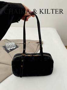CHAIKA & KILTER 1pc Solid Color Suede Fabric Women's Vintage Fashion Matte One Shoulder Bowling Bag, Contrast Quilted Stitching, Dual Handle Design, Zipper Closure, Suitable For Daily And Travel Use (Includes Pendant) - Black - View 8