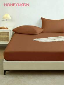1pc Solid Color Fitted Sheet, Mattress Protector, Soft & Breathable, Fits Twin, Full, Queen, King Size Beds, Essential Bedding For Home & Dorm - Mocha Brown - View 1