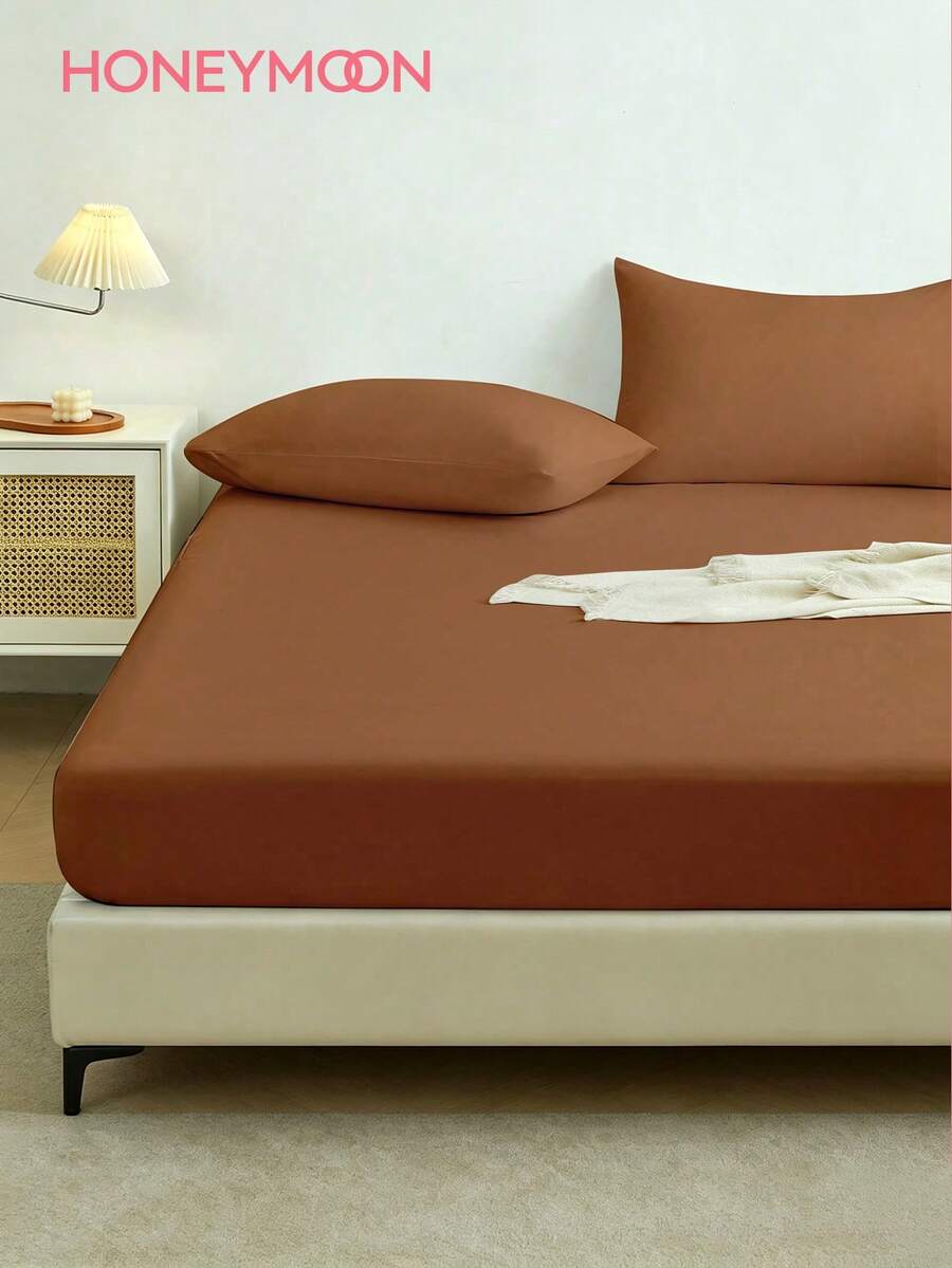 1pc Solid Color Fitted Sheet, Mattress Protector, Soft & Breathable, Fits Twin, Full, Queen, King Size Beds, Essential Bedding For Home & Dorm - Mocha Brown - View 1