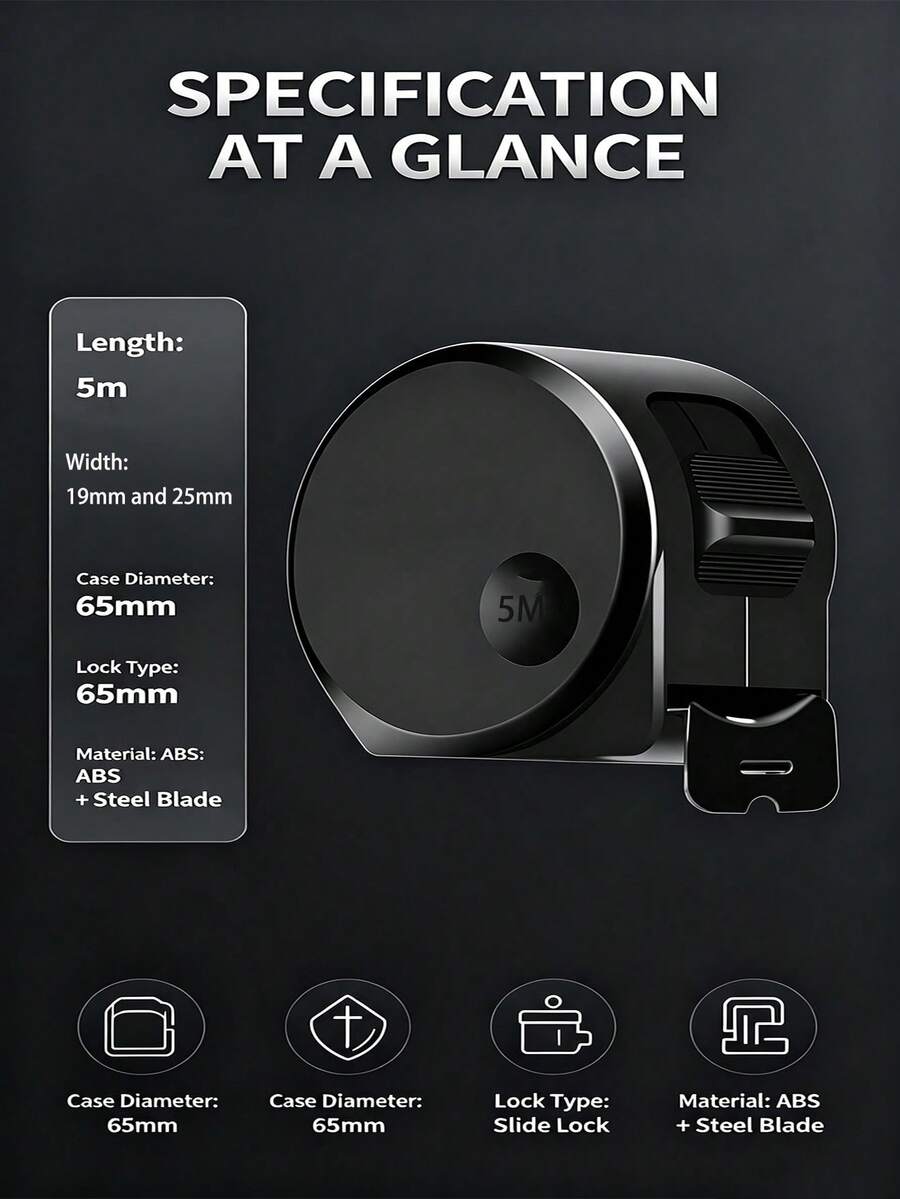 5m Tape Measure 25mm Wide Carbon Steel Blade Anti-Rust Matte Scale Wear-Resistant Cut-Resistant 2.6m Rigid Extension One-Click Lock Compact Black Shell With Belt Clip Portable Ruler For Construction Woodworking DIY Home Indoor Outdoor Measurement Hand Tool - A - View 1