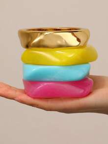 1pc/4pcs Girls Asymmetrical Wide Cuff Bracelet, Macaron Colorful Resin & Metal Mixed Geometric Open Bangle Accessory - Multicolor - View 2
