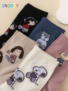 5 đôi tất nữ cổ trung bình SNOOPY Series chính hãng, họa tiết kẻ sọc Charlie Brown Puppy, hoạt hình vui nhộn cá tính - Nhiều màu - Xem 5